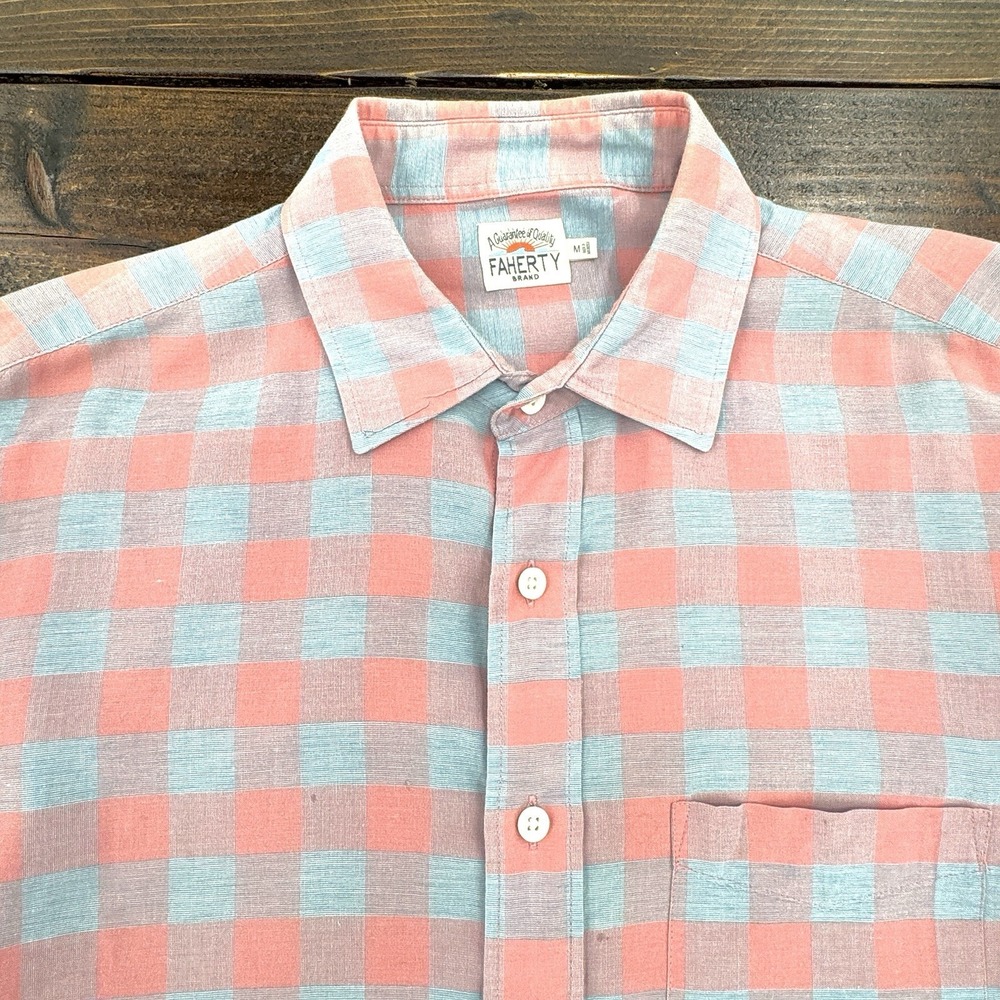 Faherty Stretch Summer Blend Men's Med Long Sleeve Linen Shirt Pink Blue Plaid - Picture 10 of 11
